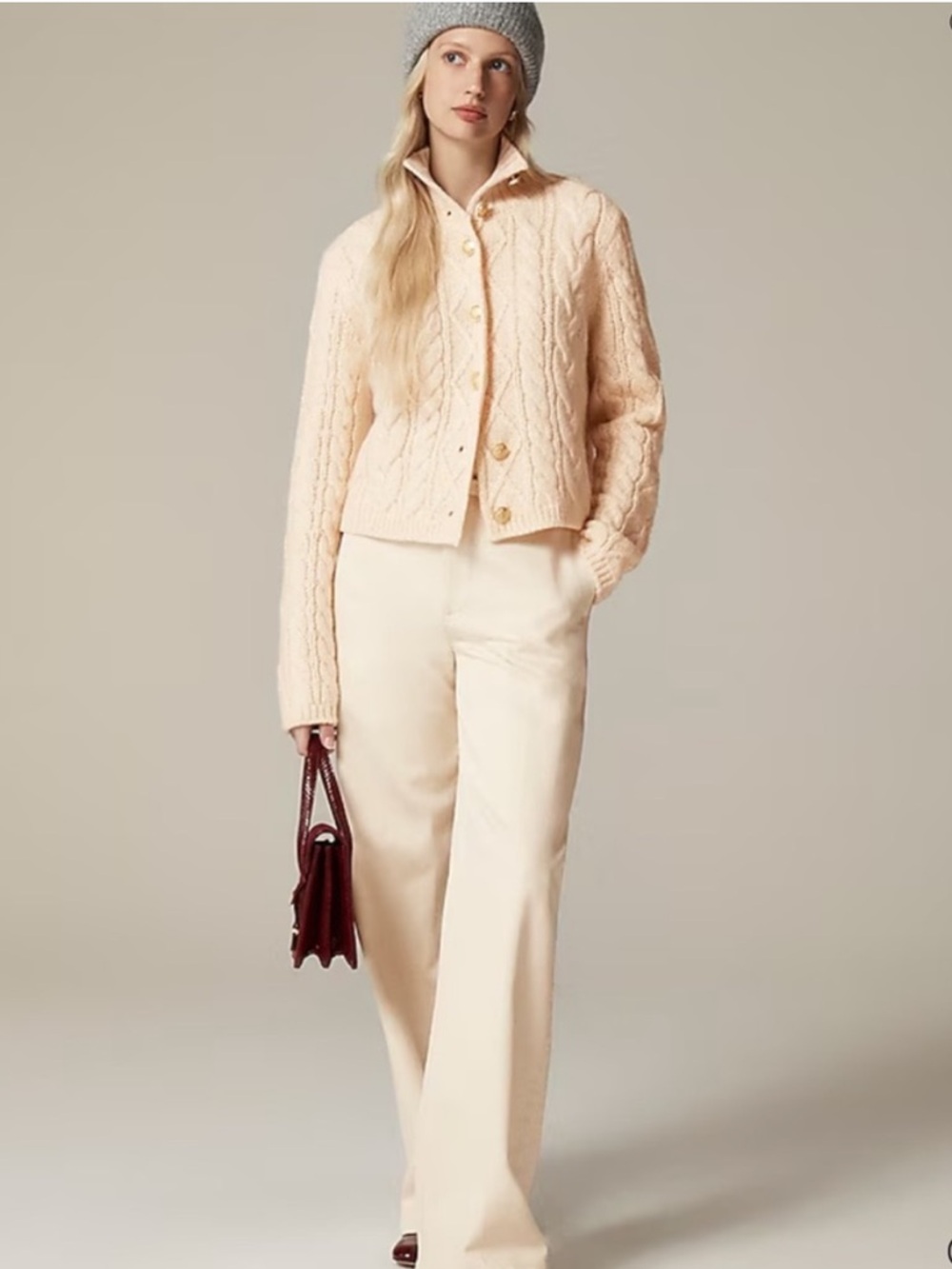 J. Crew Gray Cable-knit turtleneck cardigan Sweater Wool Cropped Gold Buttons S - Picture 2 of 9